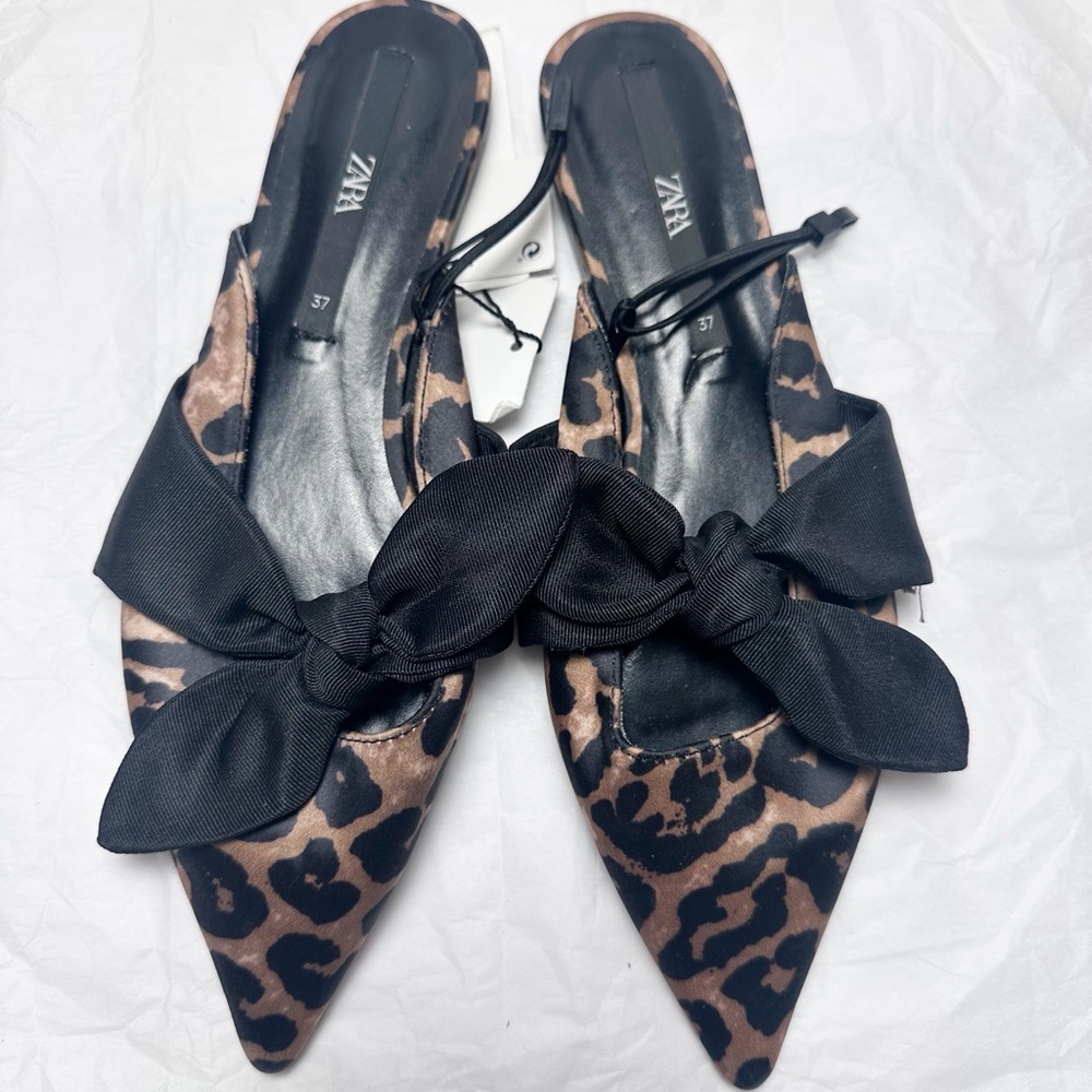Zara Brown and Black Mules with Leopard Print and Bow